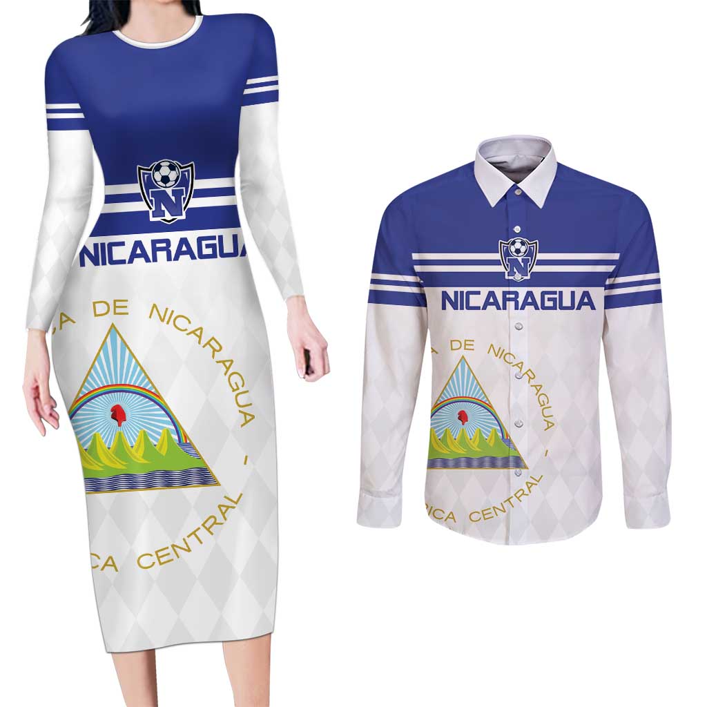 Custom Nicaragua Football Couples Matching Long Sleeve Bodycon Dress and Long Sleeve Button Shirt La Azul y Blanco - Wonder Print Shop