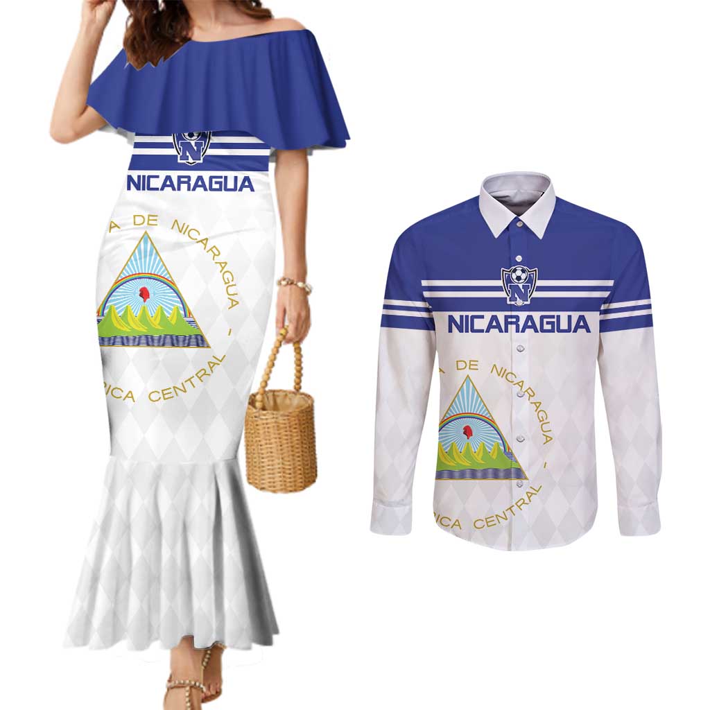 Custom Nicaragua Football Couples Matching Mermaid Dress and Long Sleeve Button Shirt La Azul y Blanco - Wonder Print Shop