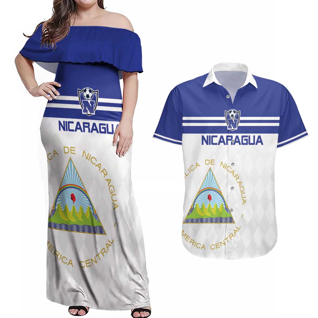 Custom Nicaragua Football Couples Matching Off Shoulder Maxi Dress and Hawaiian Shirt La Azul y Blanco - Wonder Print Shop