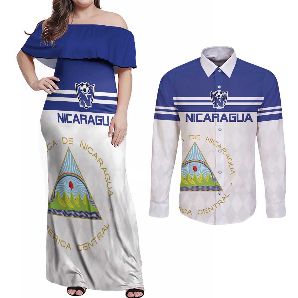 Custom Nicaragua Football Couples Matching Off Shoulder Maxi Dress and Long Sleeve Button Shirt La Azul y Blanco - Wonder Print Shop