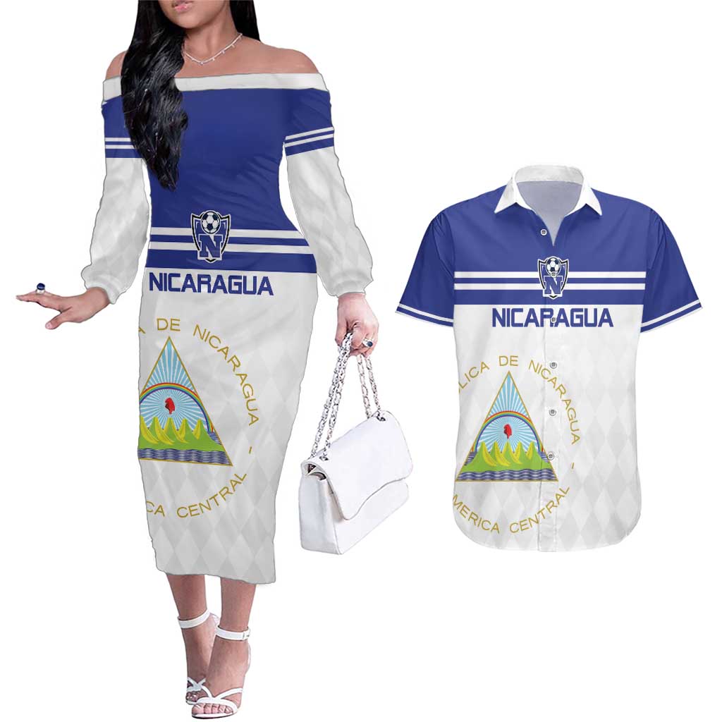 Custom Nicaragua Football Couples Matching Off The Shoulder Long Sleeve Dress and Hawaiian Shirt La Azul y Blanco - Wonder Print Shop