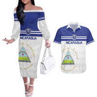 Custom Nicaragua Football Couples Matching Off The Shoulder Long Sleeve Dress and Hawaiian Shirt La Azul y Blanco - Wonder Print Shop