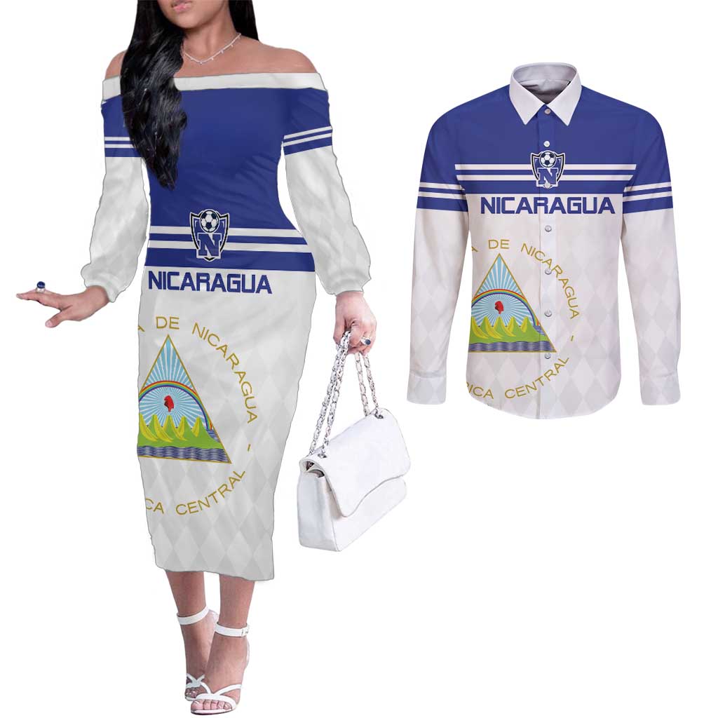 Custom Nicaragua Football Couples Matching Off The Shoulder Long Sleeve Dress and Long Sleeve Button Shirt La Azul y Blanco - Wonder Print Shop