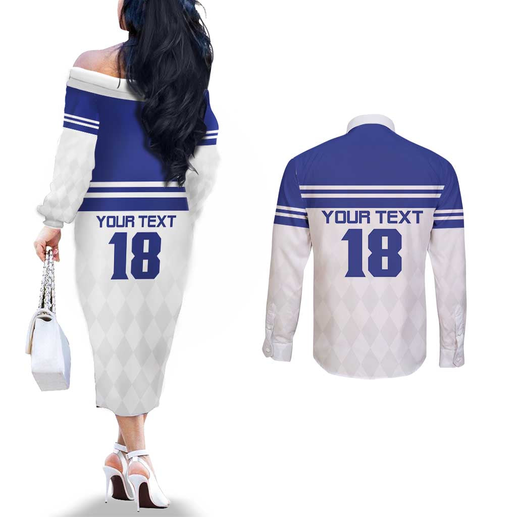 Custom Nicaragua Football Couples Matching Off The Shoulder Long Sleeve Dress and Long Sleeve Button Shirt La Azul y Blanco - Wonder Print Shop