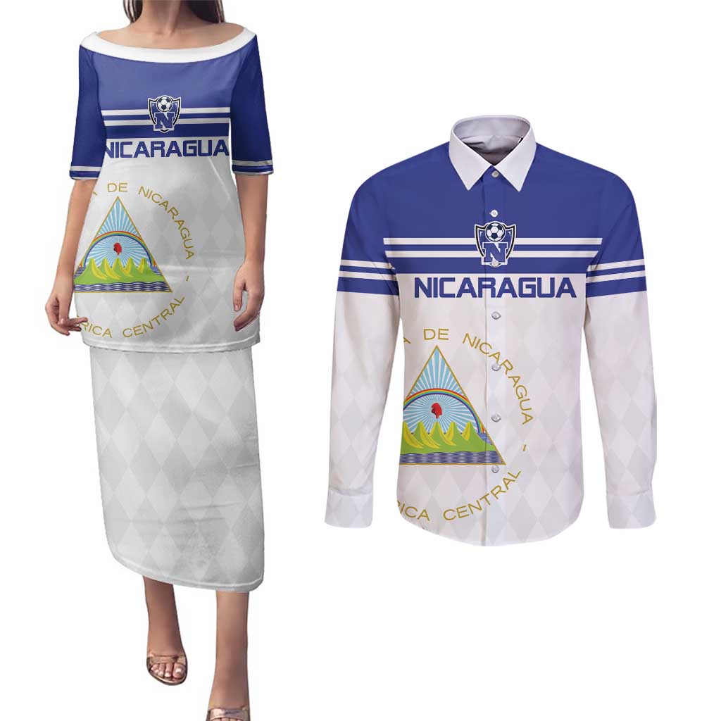Custom Nicaragua Football Couples Matching Puletasi and Long Sleeve Button Shirt La Azul y Blanco - Wonder Print Shop