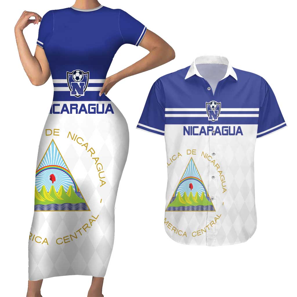 Custom Nicaragua Football Couples Matching Short Sleeve Bodycon Dress and Hawaiian Shirt La Azul y Blanco - Wonder Print Shop