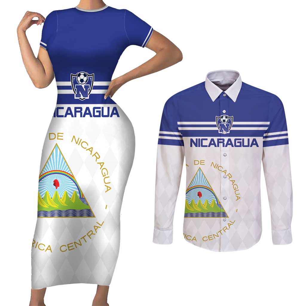 Custom Nicaragua Football Couples Matching Short Sleeve Bodycon Dress and Long Sleeve Button Shirt La Azul y Blanco - Wonder Print Shop
