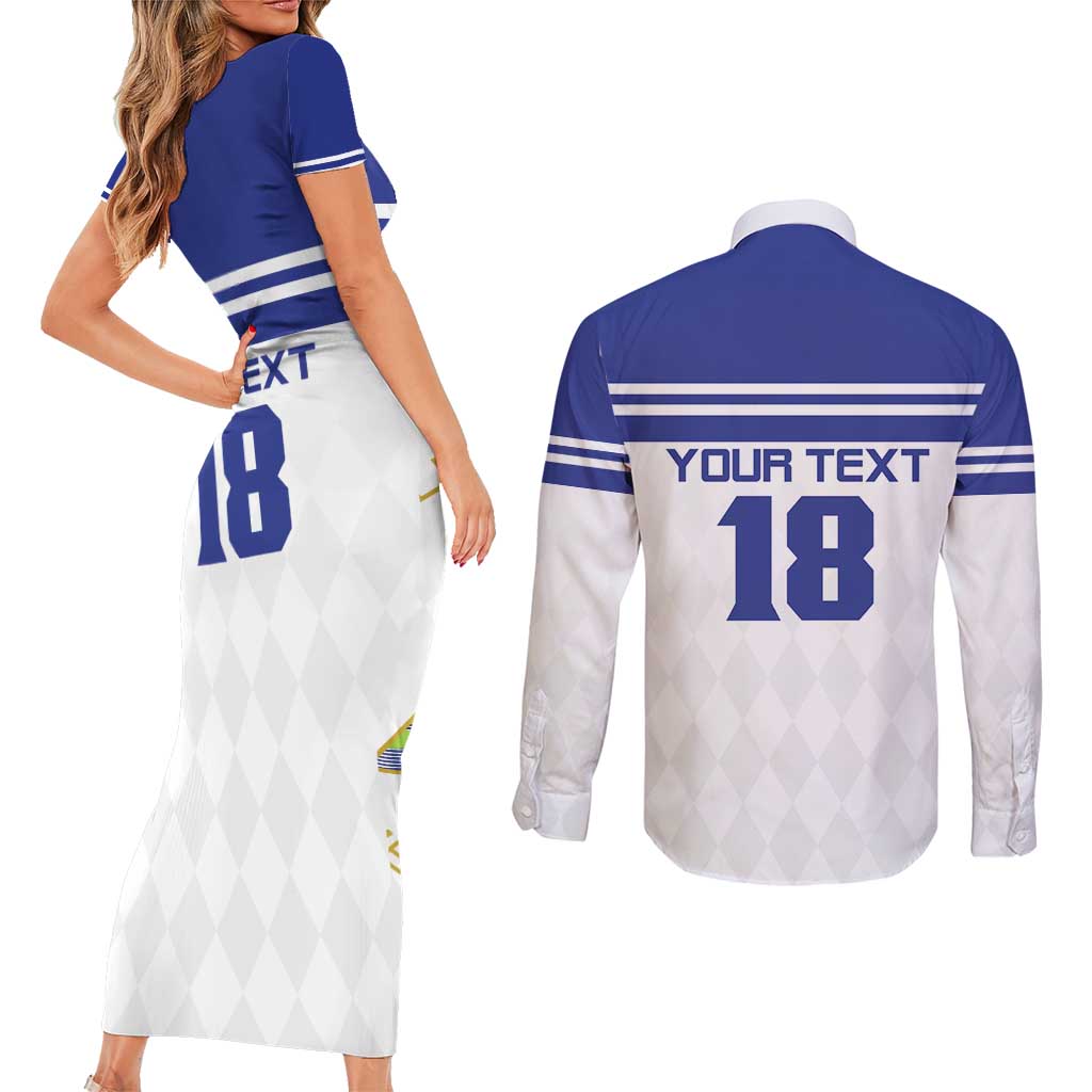 Custom Nicaragua Football Couples Matching Short Sleeve Bodycon Dress and Long Sleeve Button Shirt La Azul y Blanco - Wonder Print Shop