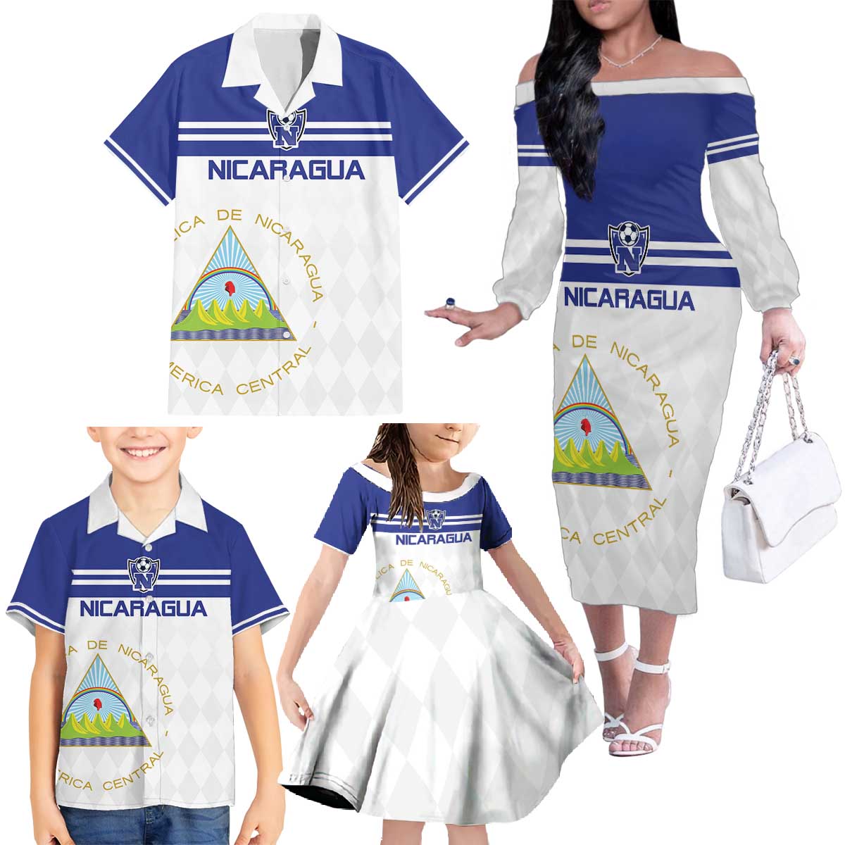 Custom Nicaragua Football Family Matching Off The Shoulder Long Sleeve Dress and Hawaiian Shirt La Azul y Blanco - Wonder Print Shop