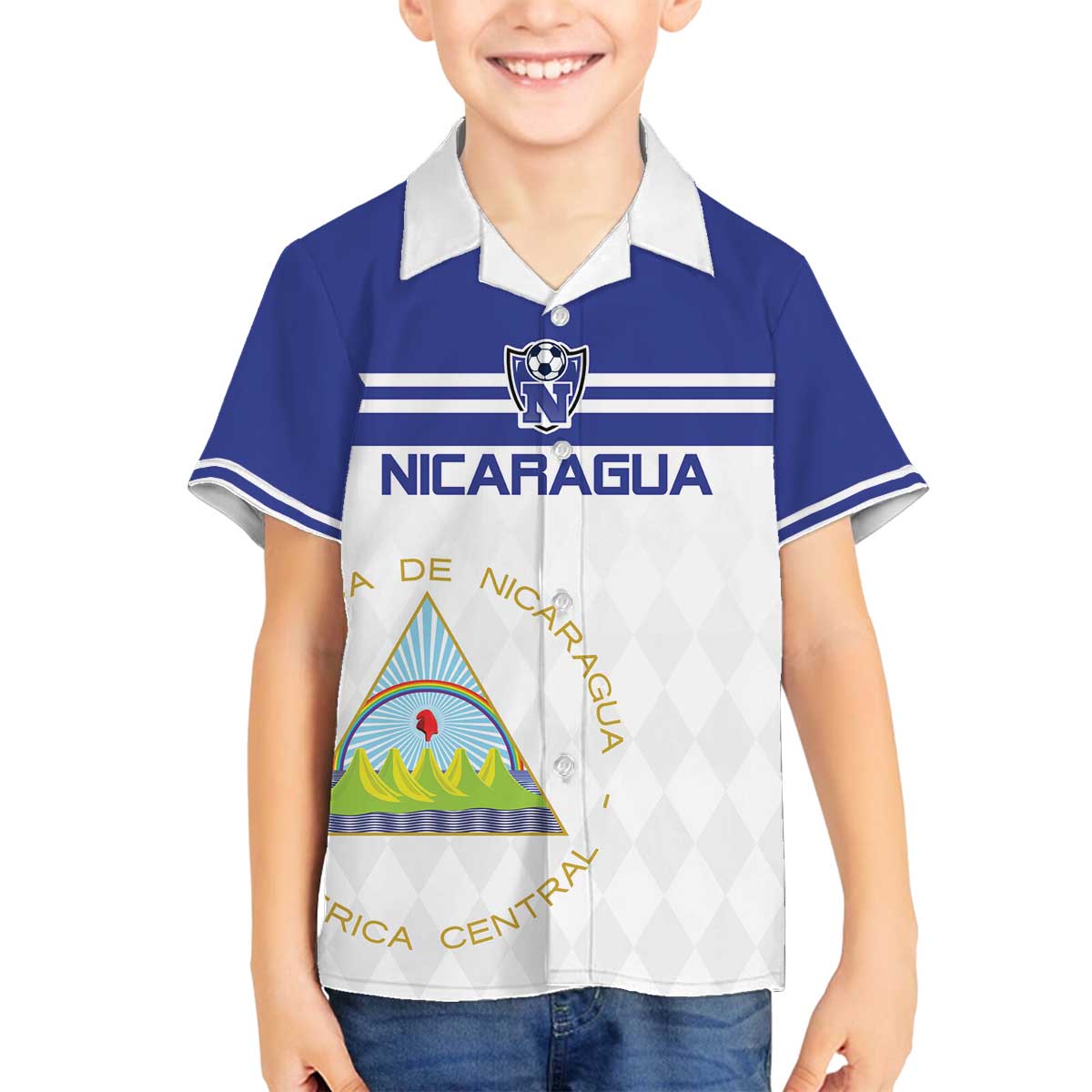 Custom Nicaragua Football Family Matching Off The Shoulder Long Sleeve Dress and Hawaiian Shirt La Azul y Blanco - Wonder Print Shop