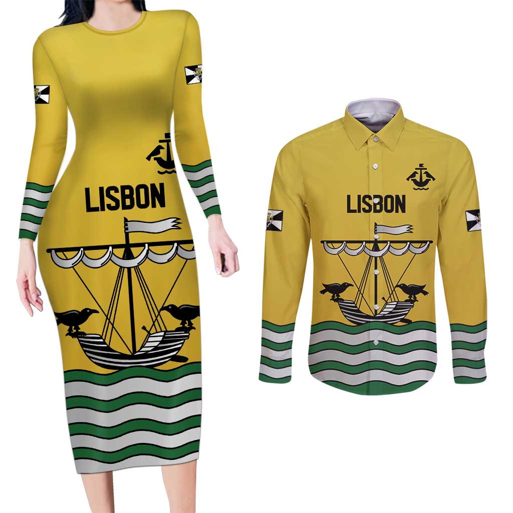 Personalized Lisbon Portugal Couples Matching Long Sleeve Bodycon Dress and Long Sleeve Button Shirt Flag Style - Wonder Print Shop