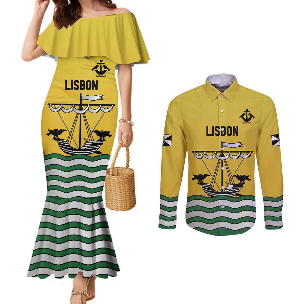 Personalized Lisbon Portugal Couples Matching Mermaid Dress and Long Sleeve Button Shirt Flag Style - Wonder Print Shop
