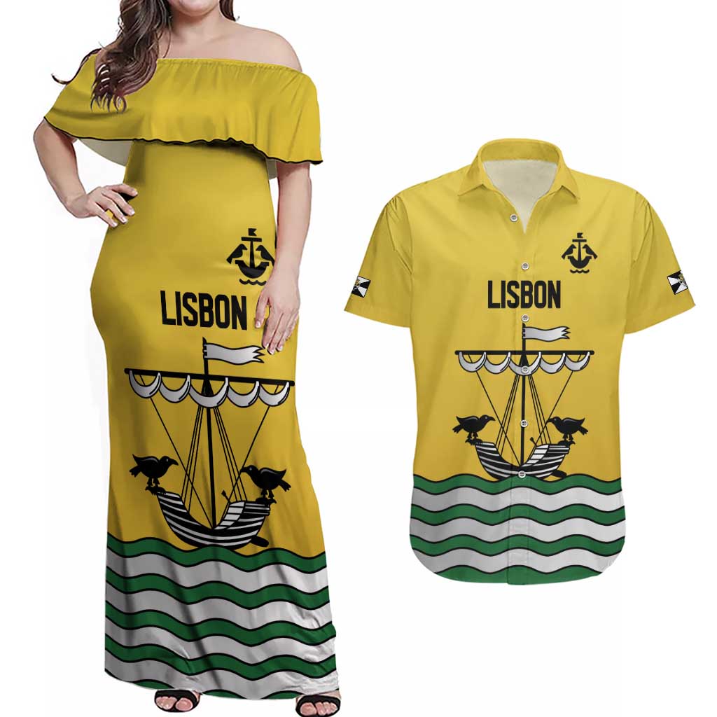 Personalized Lisbon Portugal Couples Matching Off Shoulder Maxi Dress and Hawaiian Shirt Flag Style - Wonder Print Shop