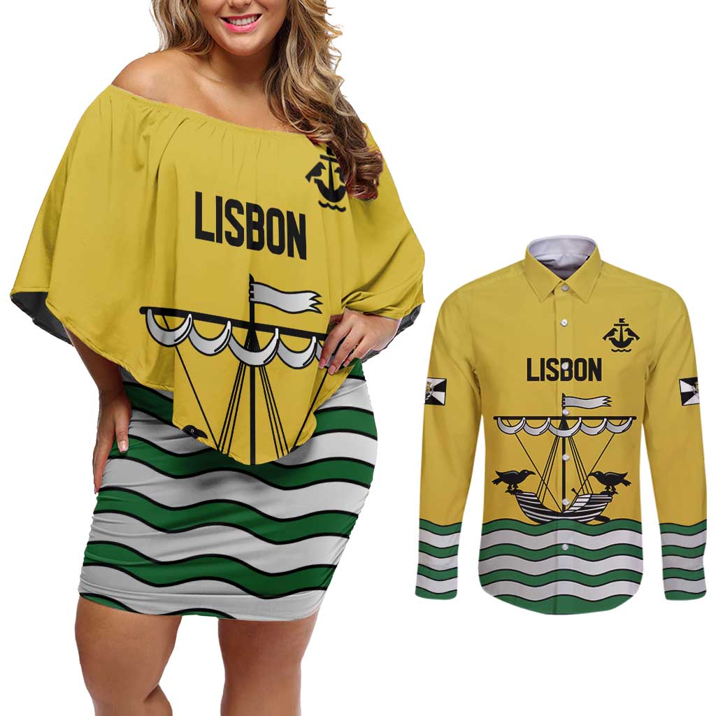 Personalized Lisbon Portugal Couples Matching Off Shoulder Short Dress and Long Sleeve Button Shirt Flag Style - Wonder Print Shop