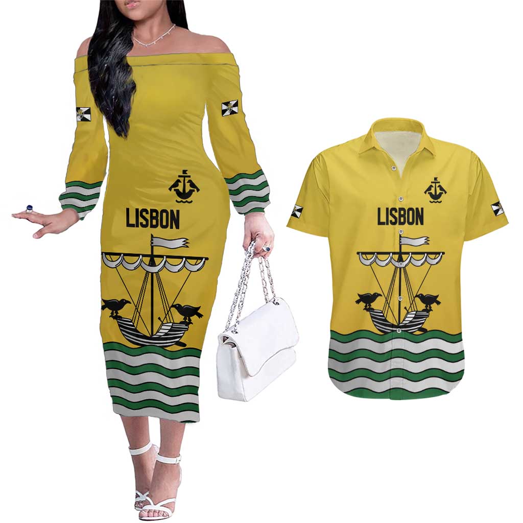 Personalized Lisbon Portugal Couples Matching Off The Shoulder Long Sleeve Dress and Hawaiian Shirt Flag Style - Wonder Print Shop