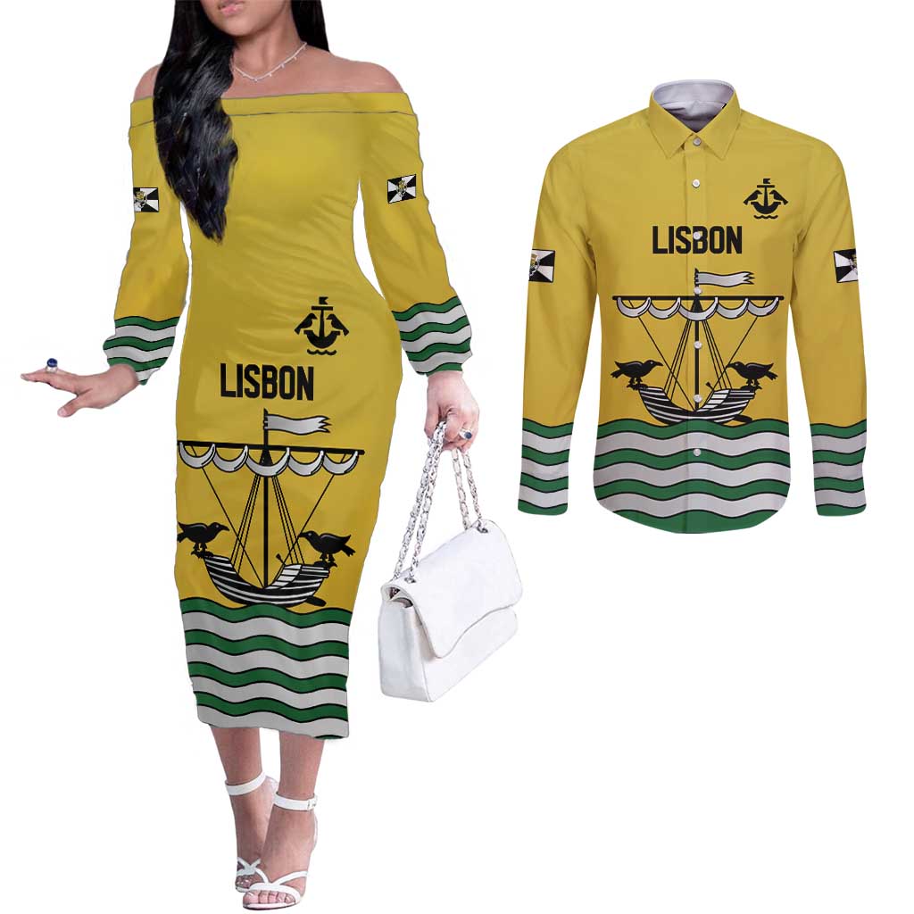 Personalized Lisbon Portugal Couples Matching Off The Shoulder Long Sleeve Dress and Long Sleeve Button Shirt Flag Style - Wonder Print Shop