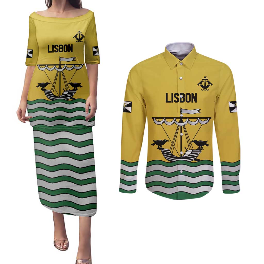 Personalized Lisbon Portugal Couples Matching Puletasi and Long Sleeve Button Shirt Flag Style - Wonder Print Shop