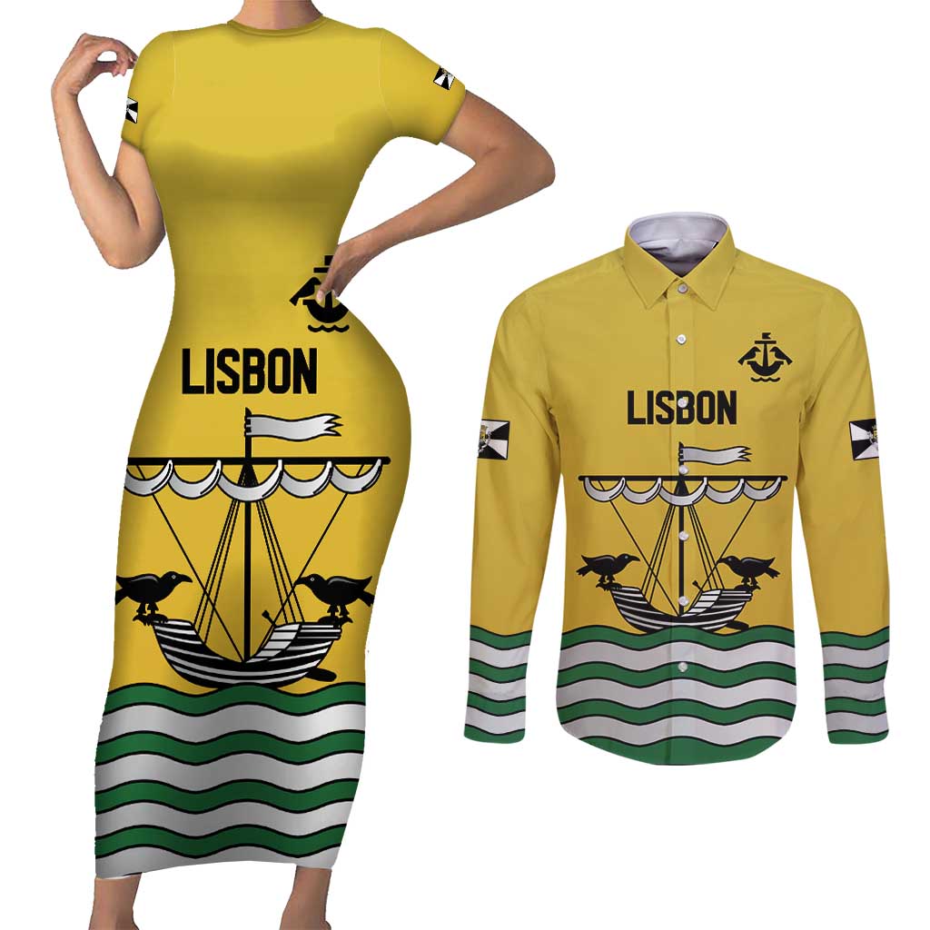 Personalized Lisbon Portugal Couples Matching Short Sleeve Bodycon Dress and Long Sleeve Button Shirt Flag Style - Wonder Print Shop