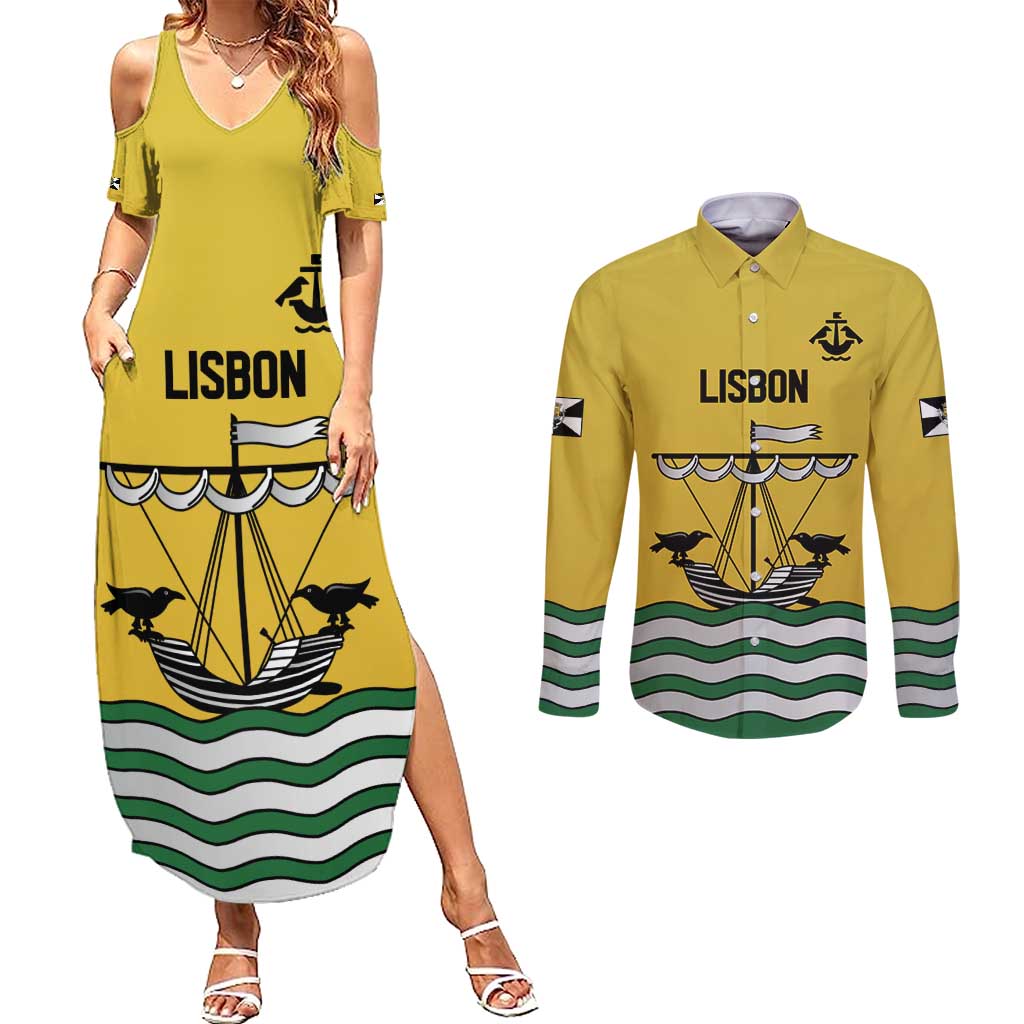 Personalized Lisbon Portugal Couples Matching Summer Maxi Dress and Long Sleeve Button Shirt Flag Style - Wonder Print Shop