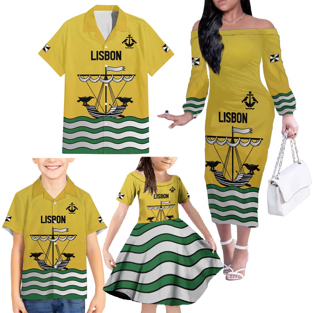 Personalized Lisbon Portugal Family Matching Off The Shoulder Long Sleeve Dress and Hawaiian Shirt Flag Style - Wonder Print Shop