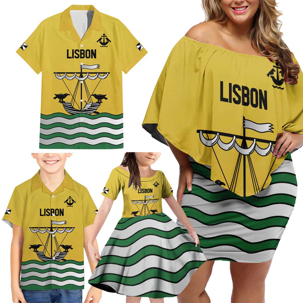 Personalized Lisbon Portugal Family Matching Off Shoulder Short Dress and Hawaiian Shirt Flag Style - Wonder Print Shop