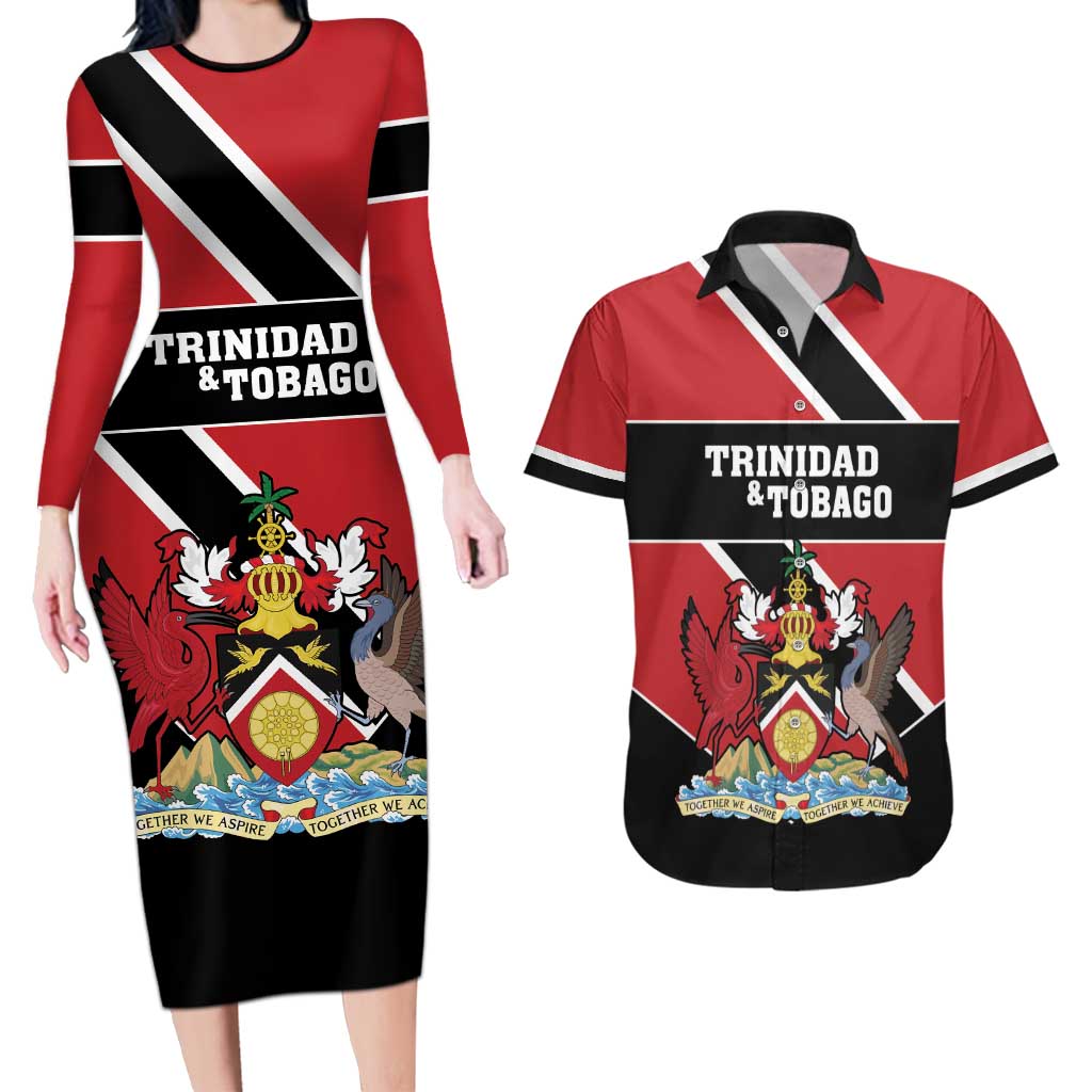 Custom Trinidad and Tobago Couples Matching Long Sleeve Bodycon Dress and Hawaiian Shirt Together We Aspire Together We Achieve - Wonder Print Shop
