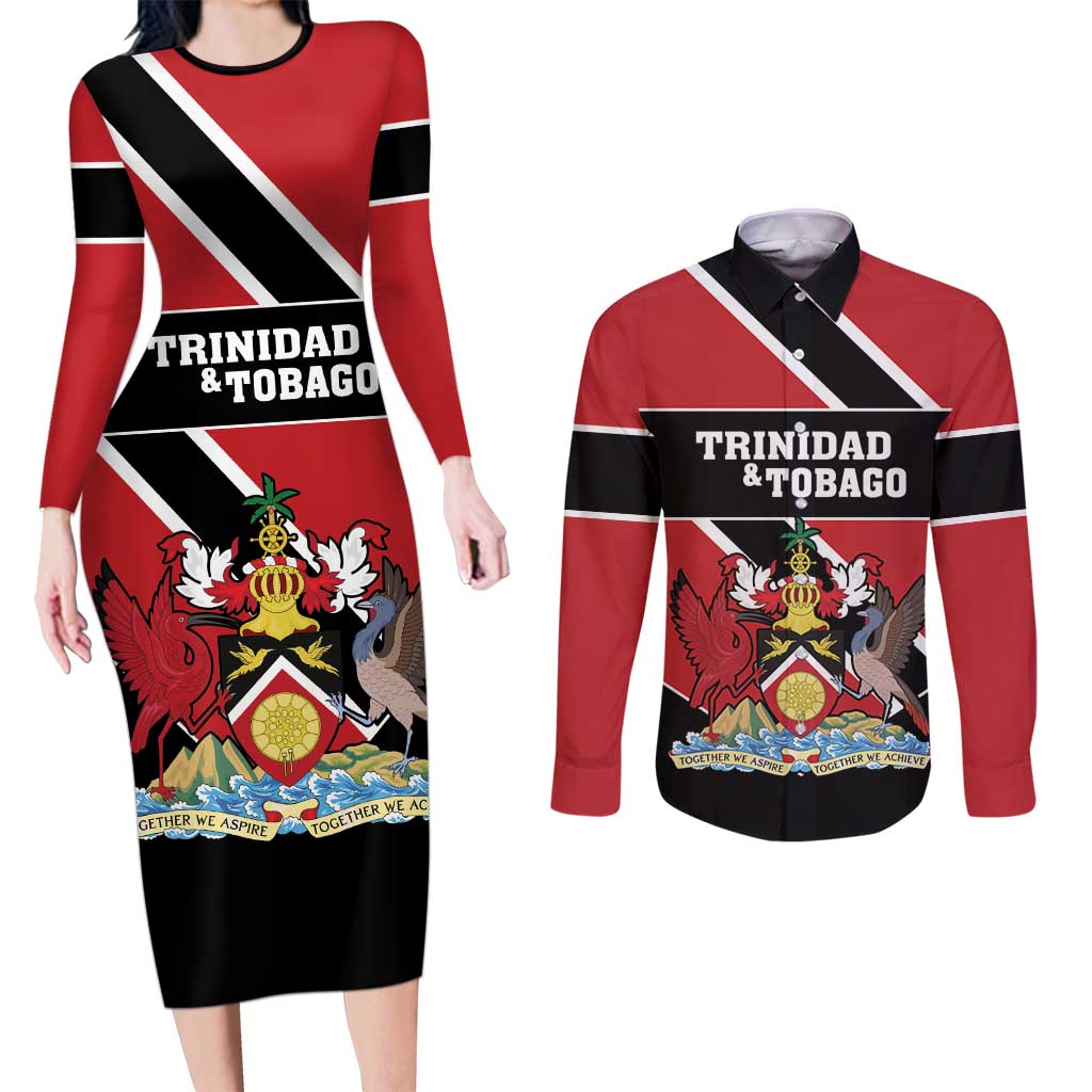 Custom Trinidad and Tobago Couples Matching Long Sleeve Bodycon Dress and Long Sleeve Button Shirt Together We Aspire Together We Achieve - Wonder Print Shop