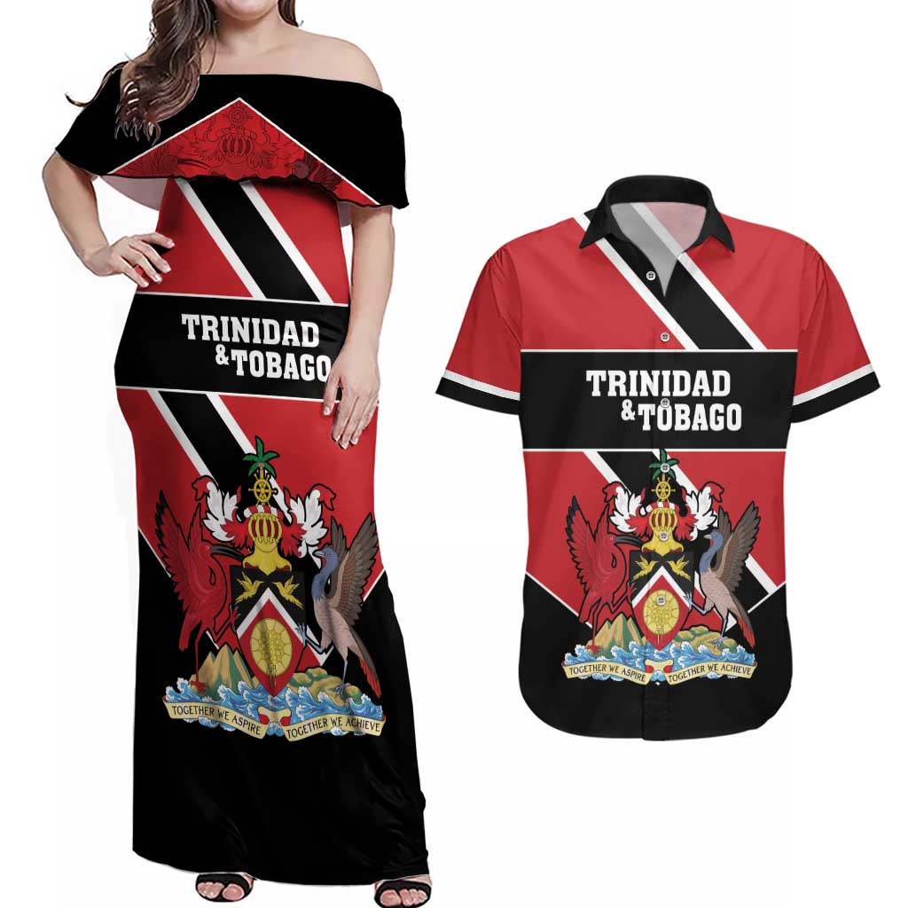 Custom Trinidad and Tobago Couples Matching Off Shoulder Maxi Dress and Hawaiian Shirt Together We Aspire Together We Achieve - Wonder Print Shop
