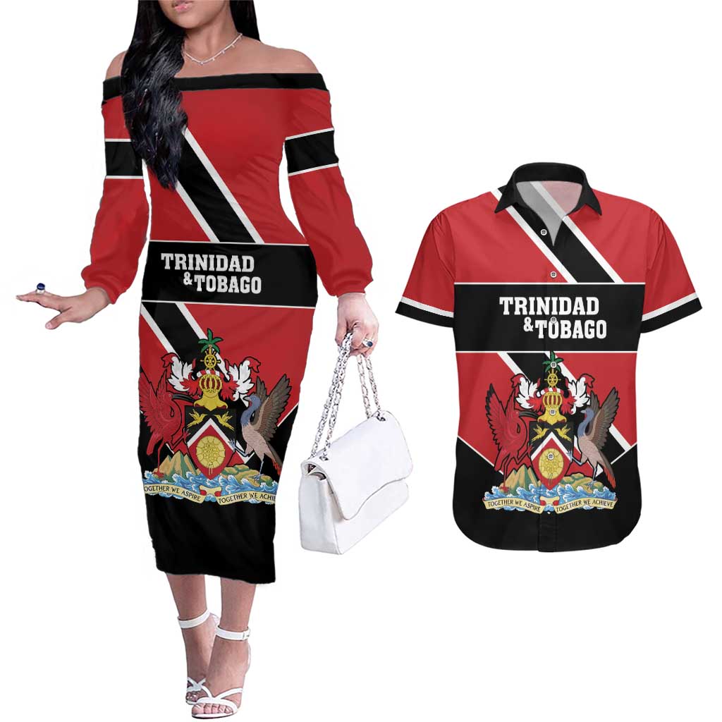 Custom Trinidad and Tobago Couples Matching Off The Shoulder Long Sleeve Dress and Hawaiian Shirt Together We Aspire Together We Achieve - Wonder Print Shop