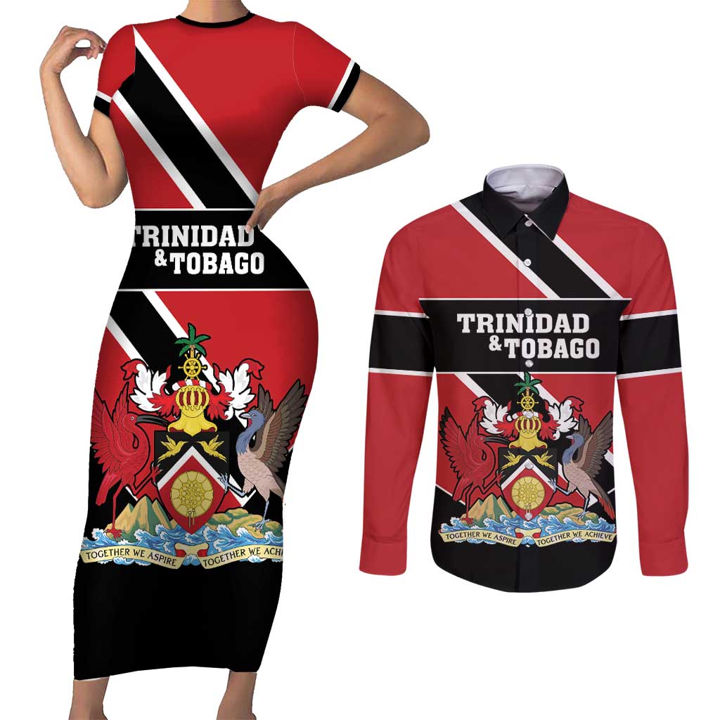 Custom Trinidad and Tobago Couples Matching Short Sleeve Bodycon Dress and Long Sleeve Button Shirt Together We Aspire Together We Achieve - Wonder Print Shop