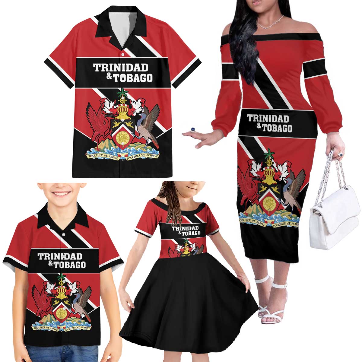 Custom Trinidad and Tobago Family Matching Off The Shoulder Long Sleeve Dress and Hawaiian Shirt Together We Aspire Together We Achieve - Wonder Print Shop