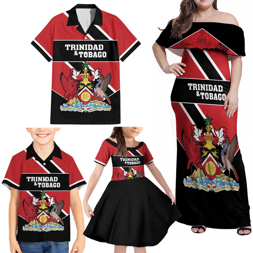 Custom Trinidad and Tobago Family Matching Off Shoulder Maxi Dress and Hawaiian Shirt Together We Aspire Together We Achieve - Wonder Print Shop