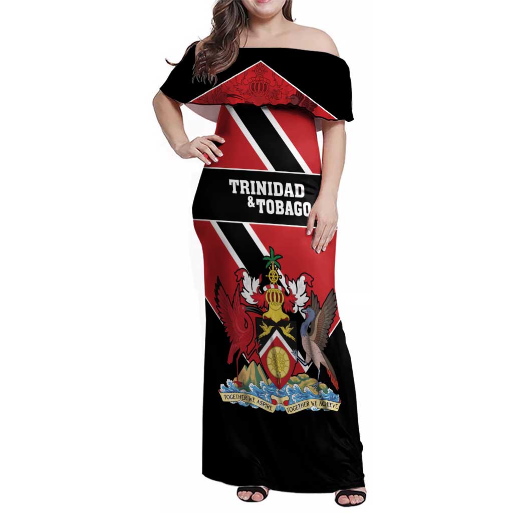 Custom Trinidad and Tobago Family Matching Off Shoulder Maxi Dress and Hawaiian Shirt Together We Aspire Together We Achieve - Wonder Print Shop