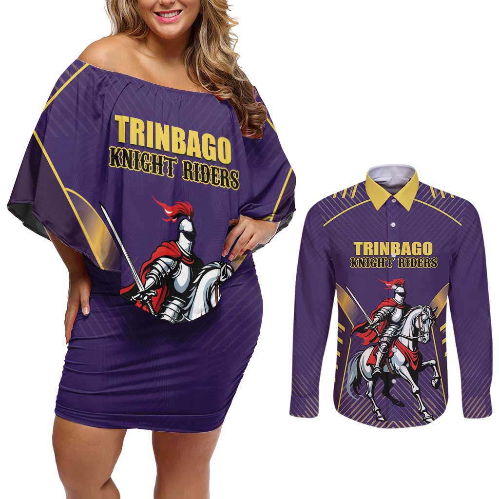 Custom Trinidad and Tobago Cricket Couples Matching Off Shoulder Short Dress and Long Sleeve Button Shirt Go Champion Knight Riders - Wonder Print Shop