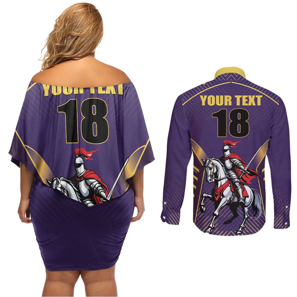 Custom Trinidad and Tobago Cricket Couples Matching Off Shoulder Short Dress and Long Sleeve Button Shirt Go Champion Knight Riders - Wonder Print Shop