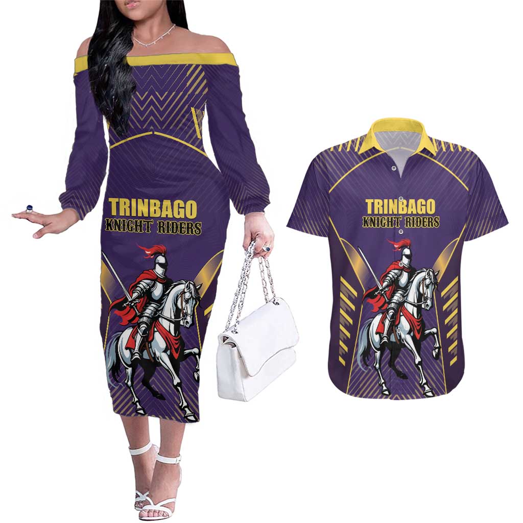 Custom Trinidad and Tobago Cricket Couples Matching Off The Shoulder Long Sleeve Dress and Hawaiian Shirt Go Champion Knight Riders - Wonder Print Shop