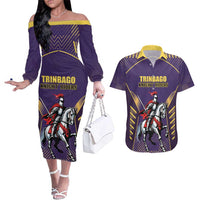 Custom Trinidad and Tobago Cricket Couples Matching Off The Shoulder Long Sleeve Dress and Hawaiian Shirt Go Champion Knight Riders - Wonder Print Shop