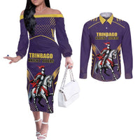 Custom Trinidad and Tobago Cricket Couples Matching Off The Shoulder Long Sleeve Dress and Long Sleeve Button Shirt Go Champion Knight Riders - Wonder Print Shop