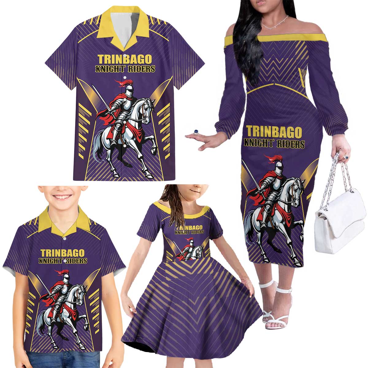 Custom Trinidad and Tobago Cricket Family Matching Off The Shoulder Long Sleeve Dress and Hawaiian Shirt Go Champion Knight Riders - Wonder Print Shop