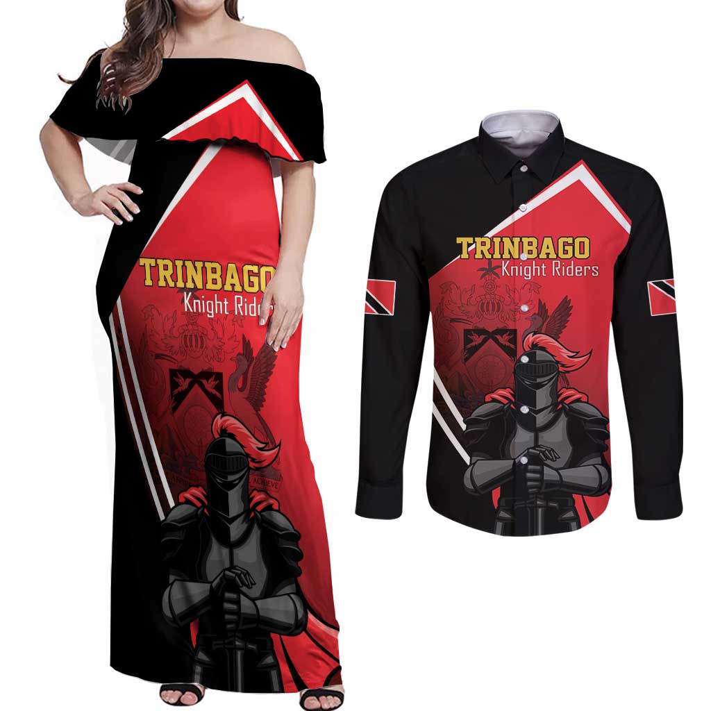 Custom Trinidad and Tobago Cricket Knight Riders Couples Matching Off Shoulder Maxi Dress and Long Sleeve Button Shirt Go Champion - Wonder Print Shop