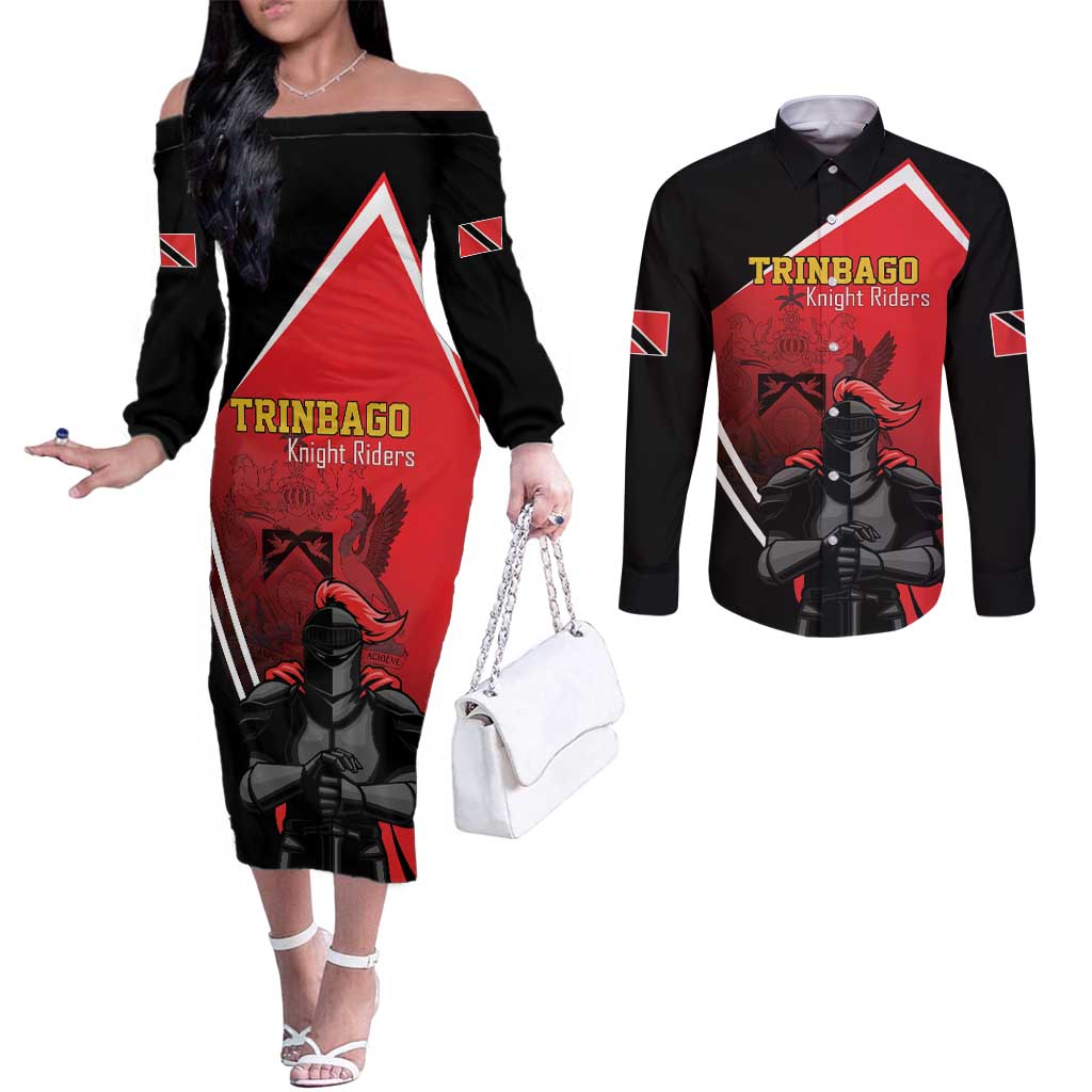 Custom Trinidad and Tobago Cricket Knight Riders Couples Matching Off The Shoulder Long Sleeve Dress and Long Sleeve Button Shirt Go Champion - Wonder Print Shop