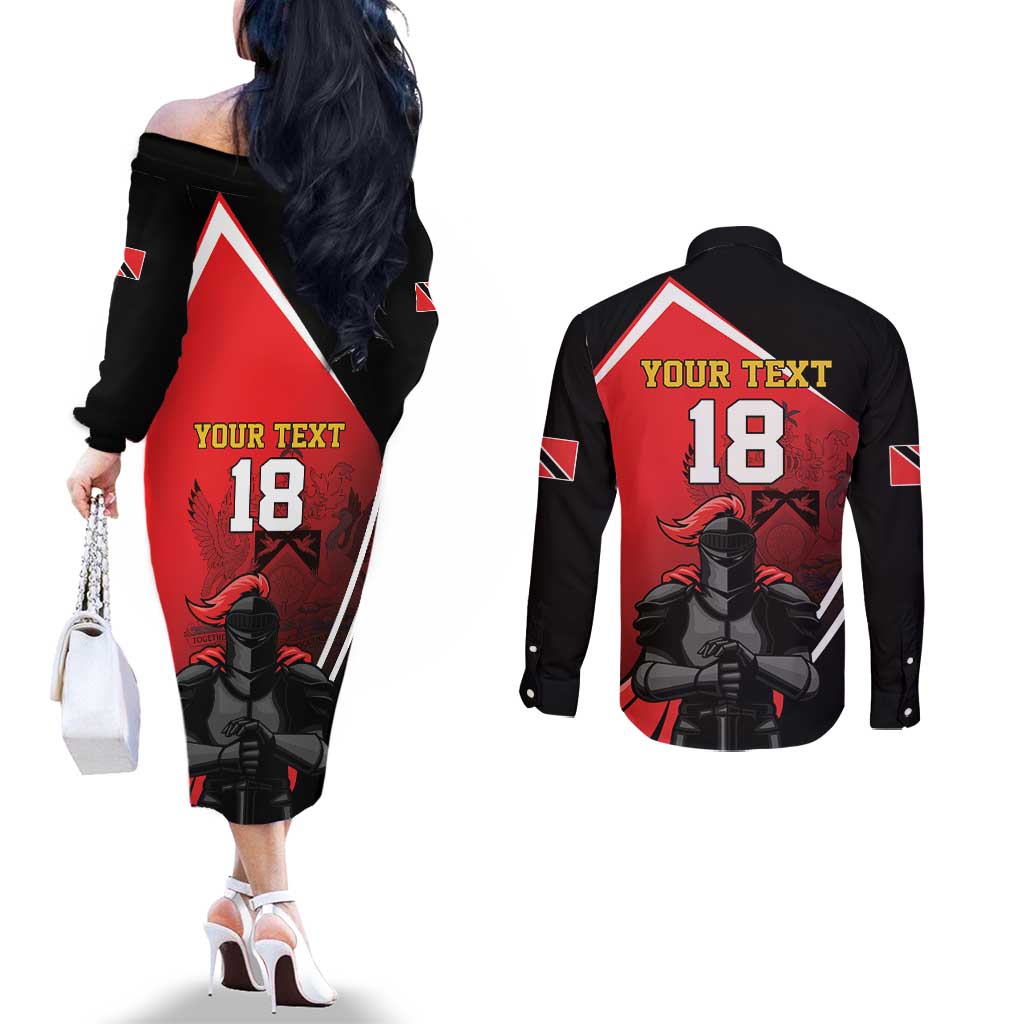 Custom Trinidad and Tobago Cricket Knight Riders Couples Matching Off The Shoulder Long Sleeve Dress and Long Sleeve Button Shirt Go Champion - Wonder Print Shop