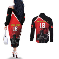 Custom Trinidad and Tobago Cricket Knight Riders Couples Matching Off The Shoulder Long Sleeve Dress and Long Sleeve Button Shirt Go Champion - Wonder Print Shop