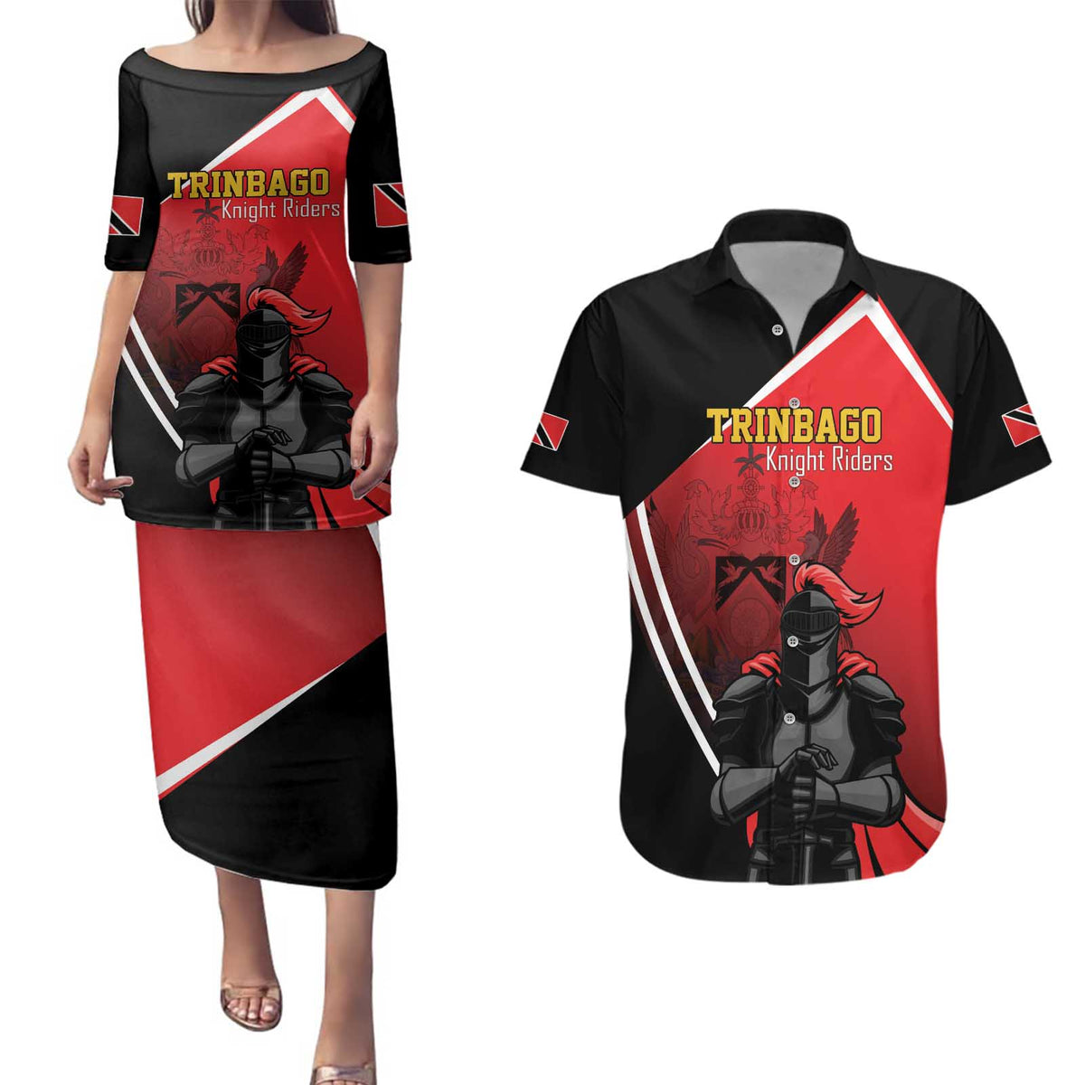 Custom Trinidad and Tobago Cricket Knight Riders Couples Matching Puletasi and Hawaiian Shirt Go Champion - Wonder Print Shop