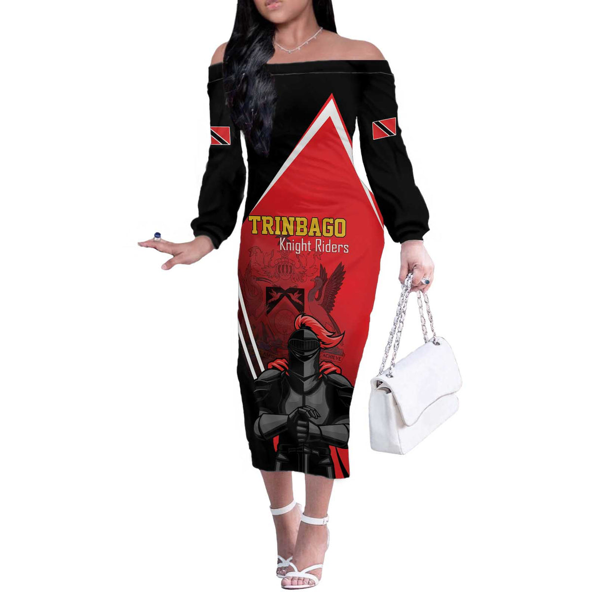 Custom Trinidad and Tobago Cricket Knight Riders Off The Shoulder Long Sleeve Dress Go Champion - Wonder Print Shop