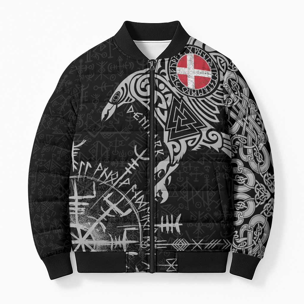 Denmark Viking Ravens Bomber Puffer Jacket Vegvisir Runes Pattern - Wonder Print Shop