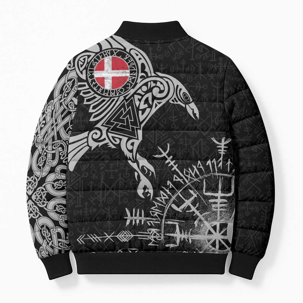 Denmark Viking Ravens Bomber Puffer Jacket Vegvisir Runes Pattern - Wonder Print Shop