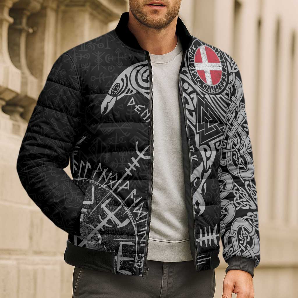 Denmark Viking Ravens Bomber Puffer Jacket Vegvisir Runes Pattern - Wonder Print Shop
