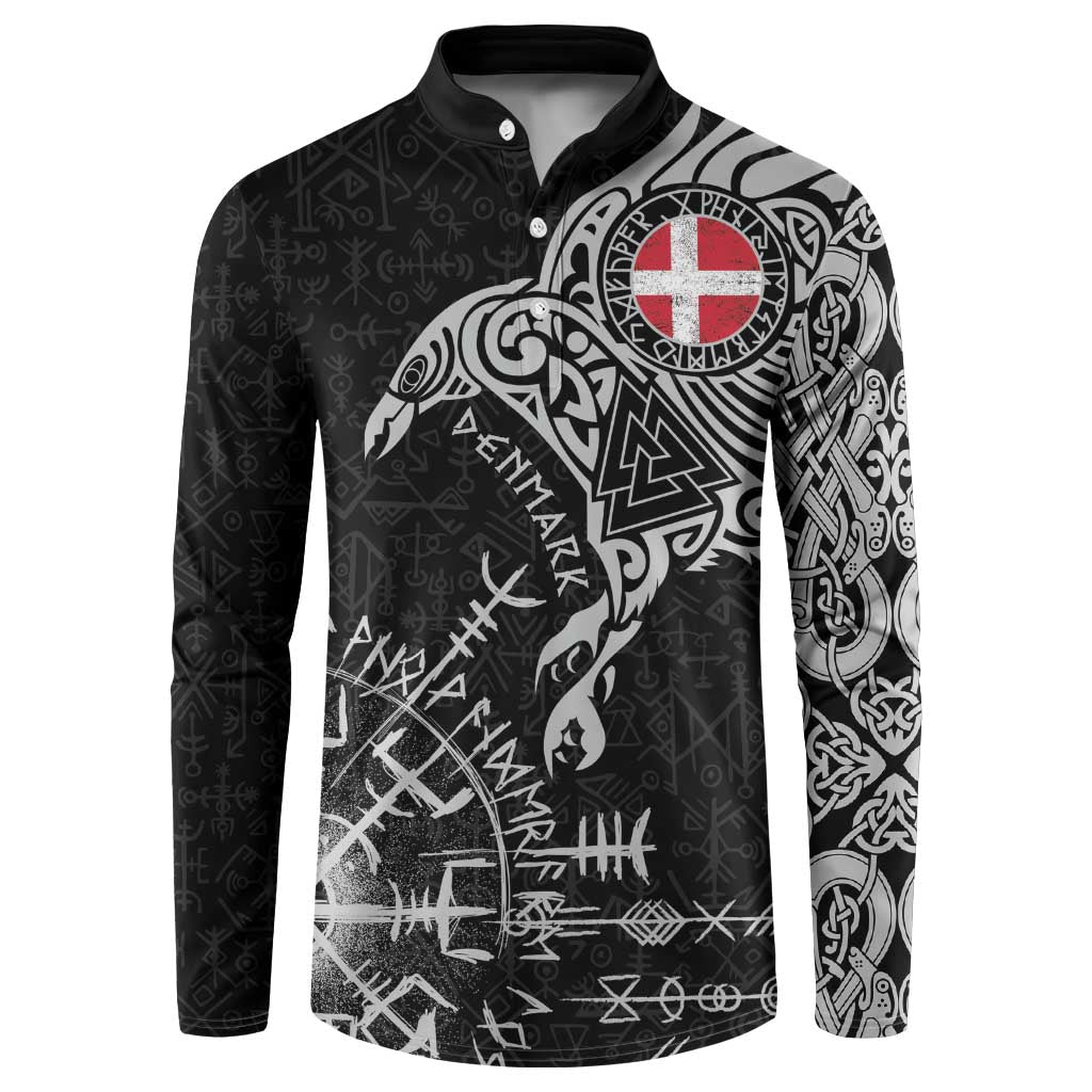 Denmark Viking Ravens Button Sweatshirt Vegvisir Runes Pattern - Wonder Print Shop