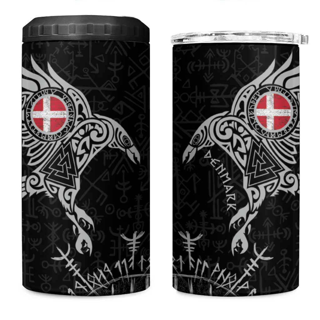 Denmark Viking Ravens 4 in 1 Can Cooler Tumbler Vegvisir Runes Pattern - Wonder Print Shop